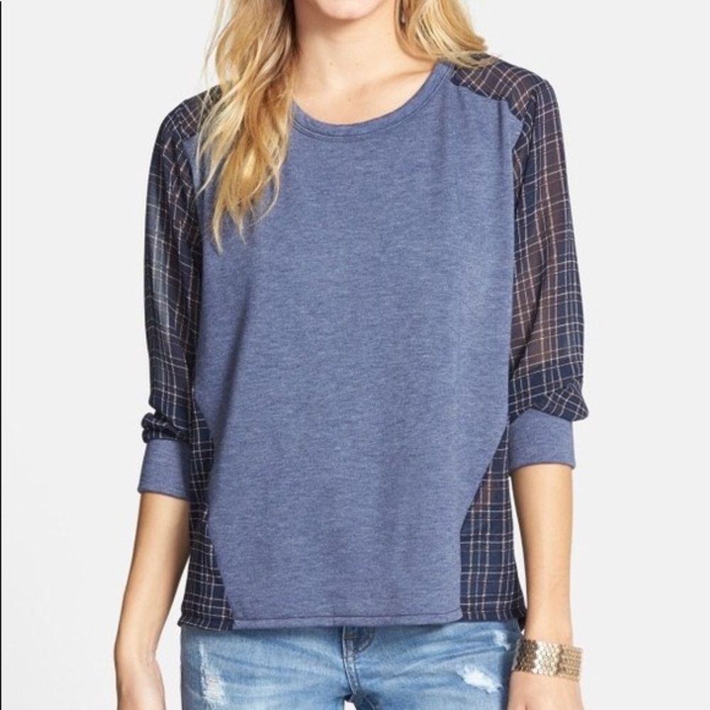 Elodie shirt slub blue plaid long sleeves pleats
